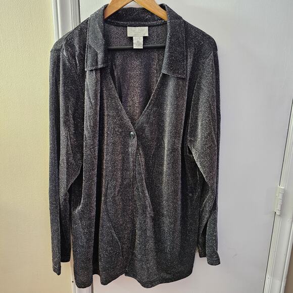 Vtg Semi Sheer Black Silver Metallic Button Up Shirt Size2X Y2K 90s Witch Dark - Picture 1 of 5